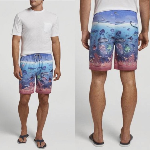 NWT Men’s Peter Millar Ocean Traffic Shark Fish Print Swim Trunks - Picture 2 of 6